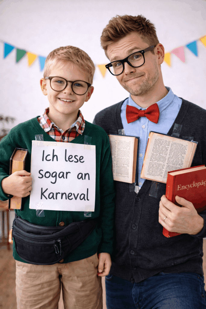 Bücherwurm Karnevalskostüm mit Büchern und lustigem Schild