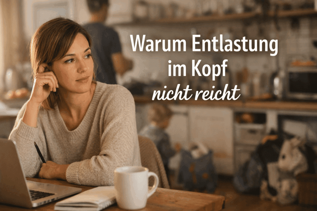Mutter sitzt nachdenklich am Küchentisch, während im Hintergrund der Familienalltag läuft – Mental Load trotz Entlastung im Kopf
