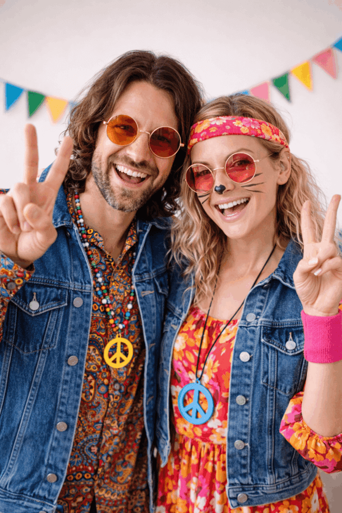 Hippie Karnevalskostüm mit buntem Kleid, Stirnband und Peace-Kette
