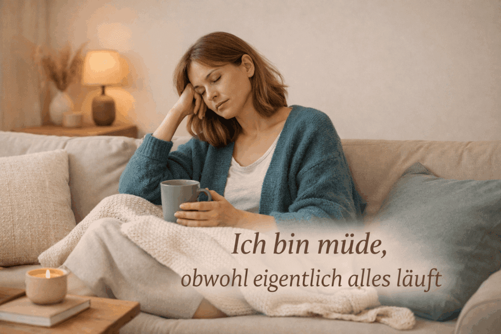 Mutter sitzt erschöpft auf dem Sofa mit einer Tasse Tee und wirkt müde, obwohl der Alltag ruhig erscheint.