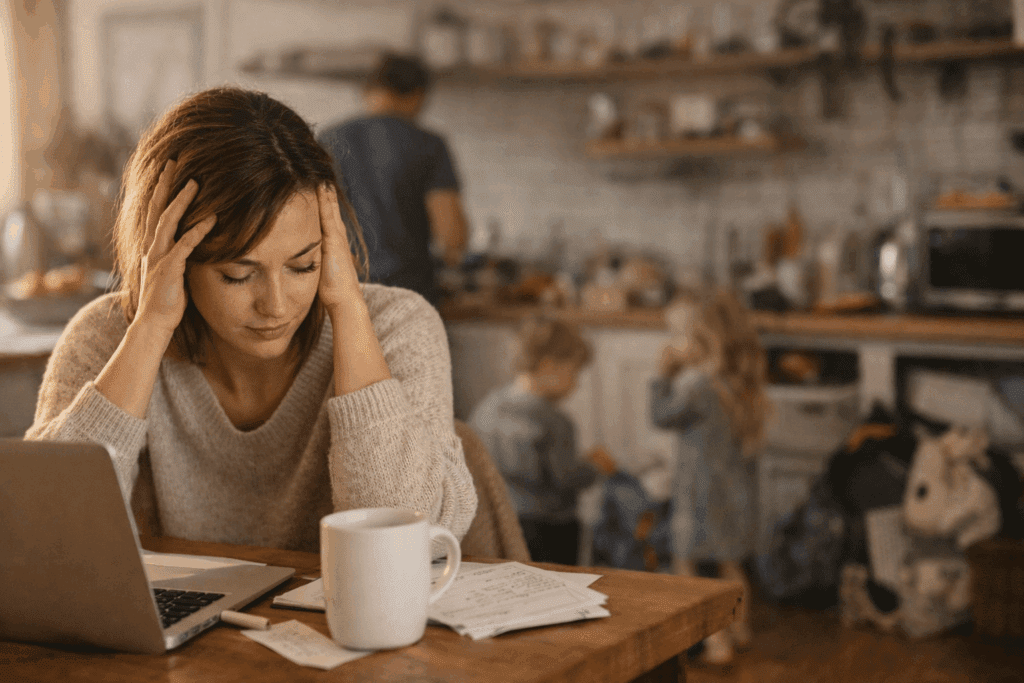 Erschöpfte Mutter sitzt mit Händen am Kopf am Küchentisch – Mental Load und Alltagsstress trotz Organisation