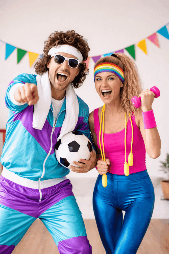 DIY Karnevalskostüm Sportskanone mit bunter Sportkleidung, Stirnband und Hanteln