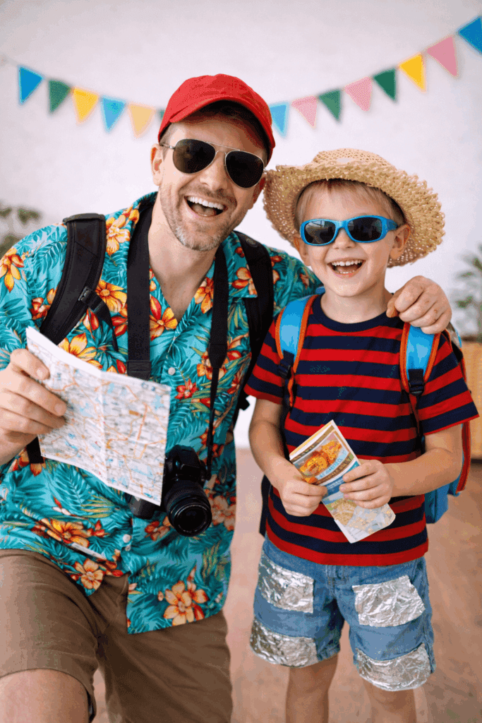 Tourist Karnevalskostüm mit Hawaiihemd, Kamera und Stadtplan