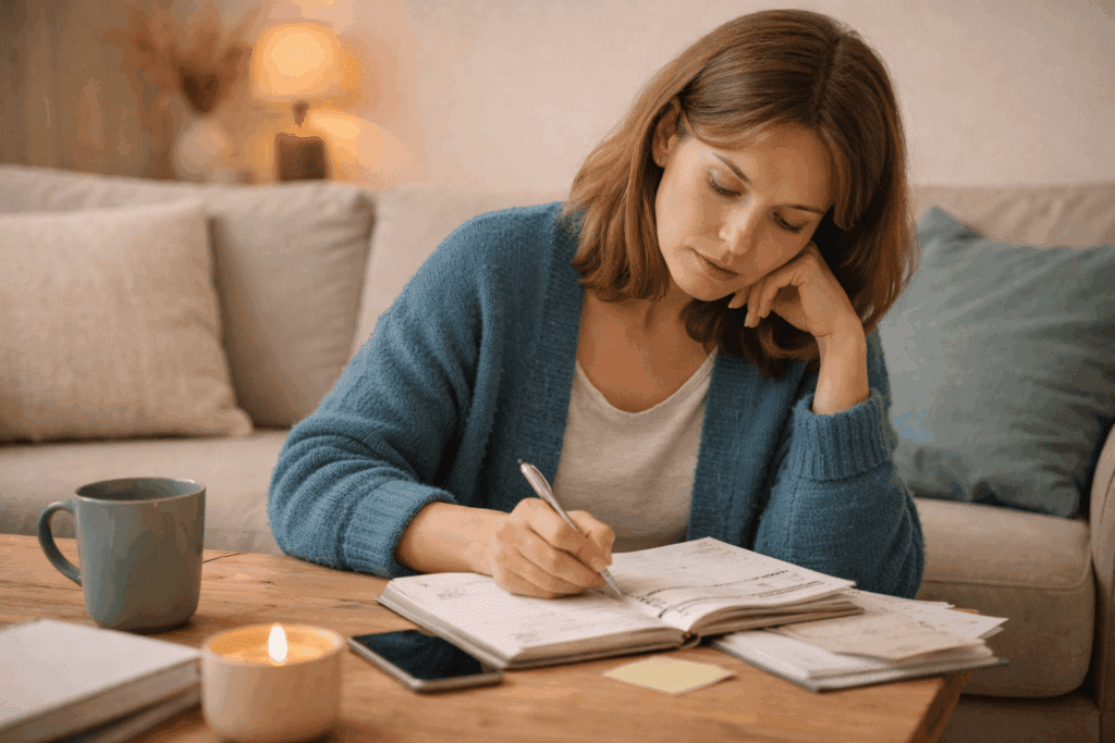 Mutter sitzt am Tisch und plant ihren Alltag in einem Notizbuch – Symbol für unsichtbare mentale Arbeit.
