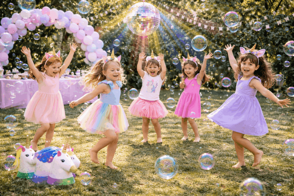 Kinder tanzen beim Einhorn Geburtstag im Garten mit Seifenblasen und Disco-Kugel