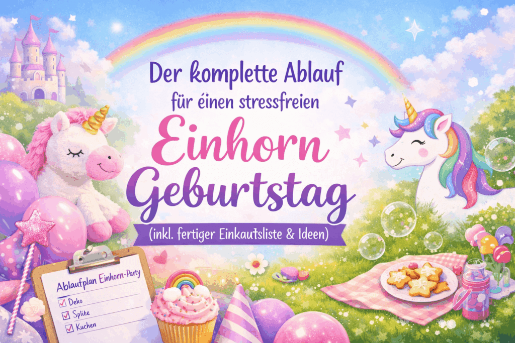 Illustration eines Einhorn-Geburtstags mit Regenbogen, Einhörnern, Deko, Kuchen und dem Text „Der komplette Ablauf für einen stressfreien Einhorn Geburtstag“.