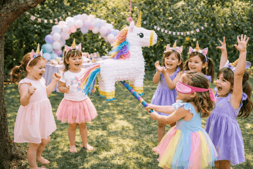 Kinder schlagen eine Einhorn Piñata im Garten beim Einhorn Kindergeburtstag