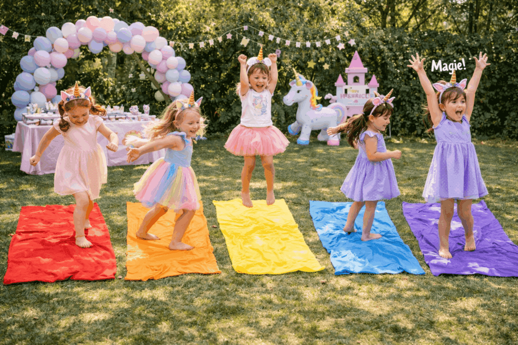 Einhorn Kindergeburtstag im Garten mit Regenbogen-Tüchern, auf denen Kinder fröhlich hüpfen