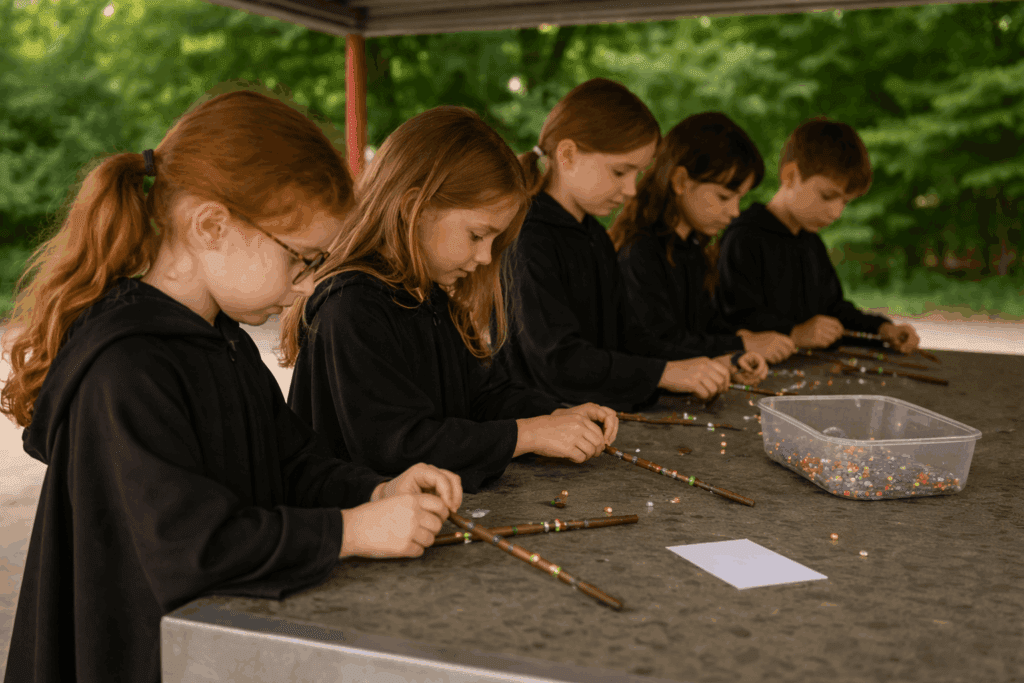Kinder basteln gemeinsam Zauberstäbe bei einem magischen Kindergeburtstag