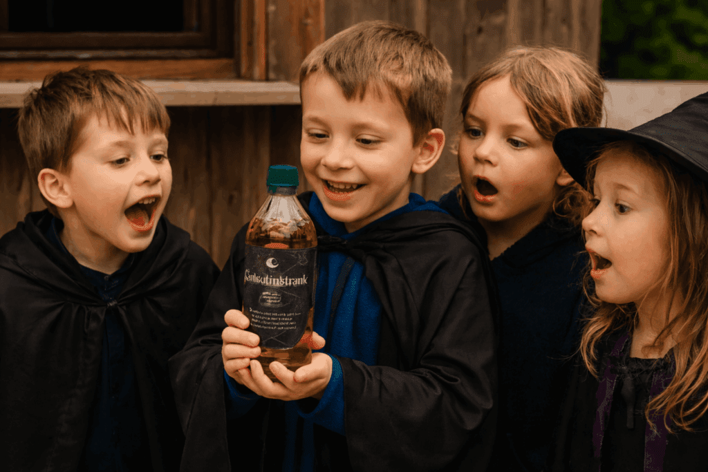 Kinder entdecken gemeinsam einen geheimnisvollen Zaubertrank beim magischen Kindergeburtstag