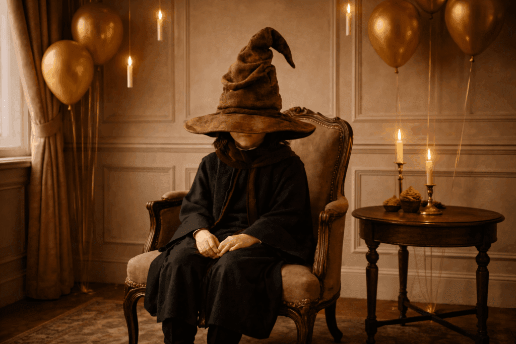 Kind mit großem Zauberhut sitzt ruhig bei einem magischen Kindergeburtstag