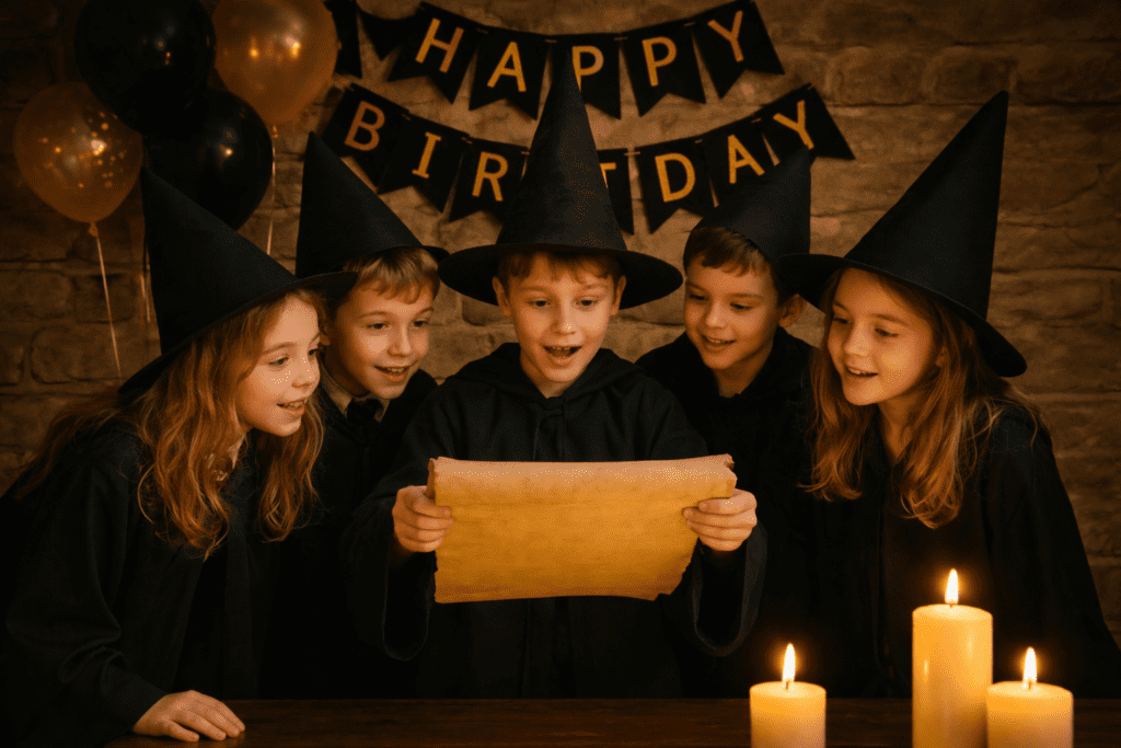 Kinder erleben einen spannenden Moment bei einer magischen Schatzsuche im Keller