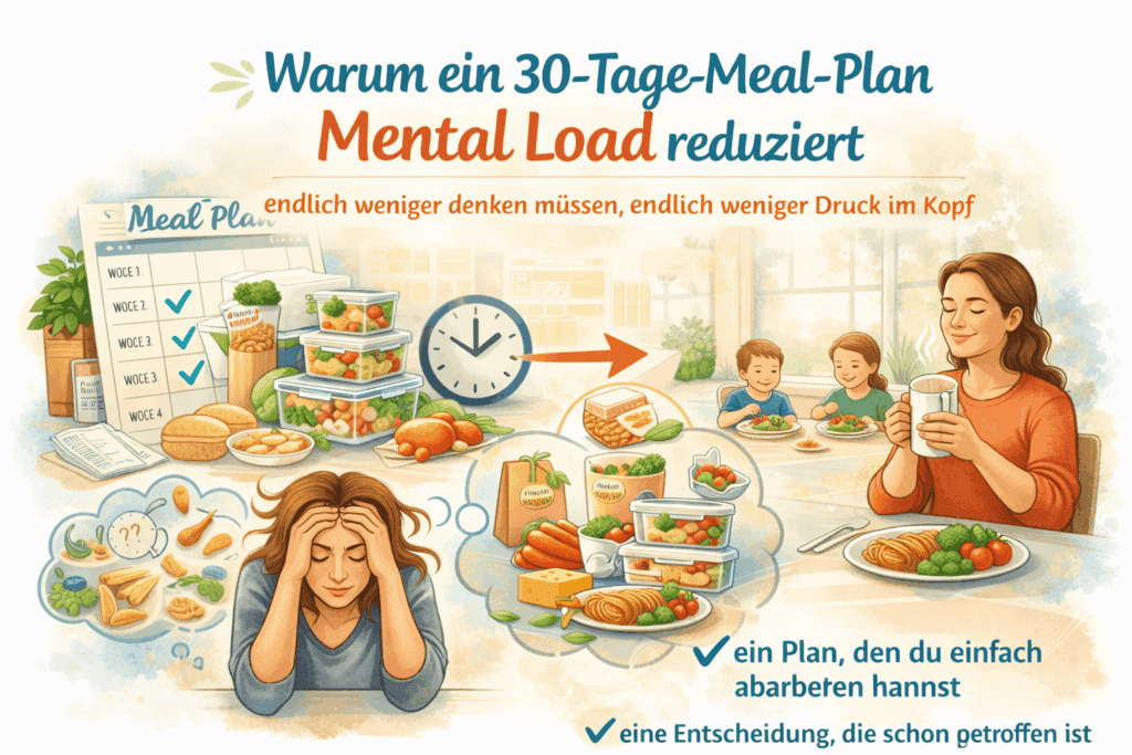 30 Tage Meal Plan reduziert Mental Load durch feste Essensplanung und weniger tägliche Entscheidungen