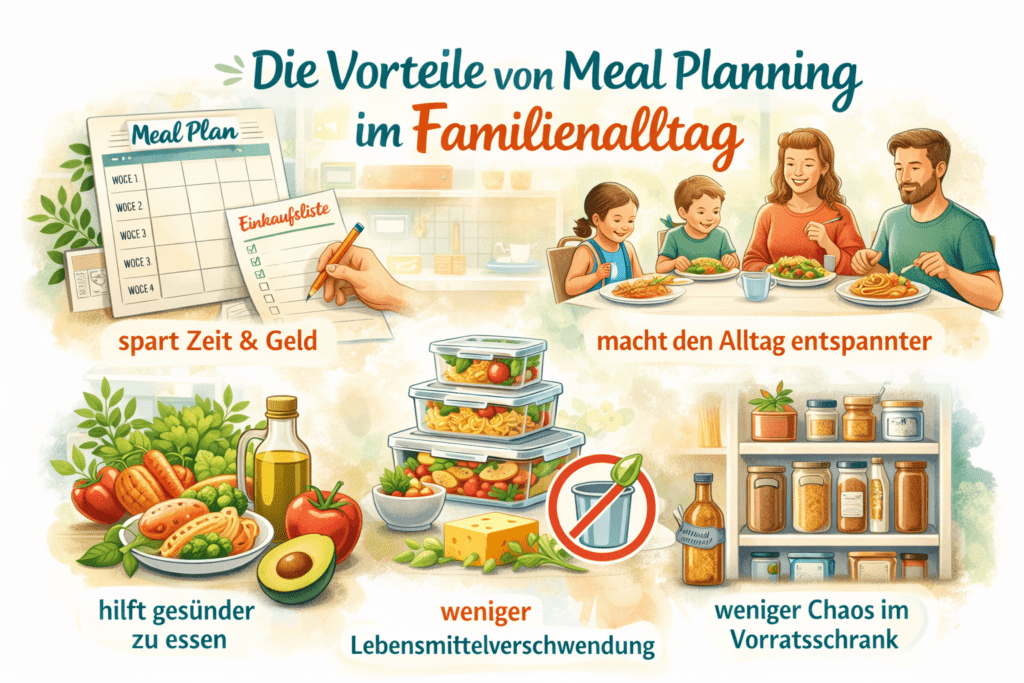 Vorteile von Meal Planning im Familienalltag mit Einkaufsliste, vorbereiteten Mahlzeiten und entspannter Familiensituation