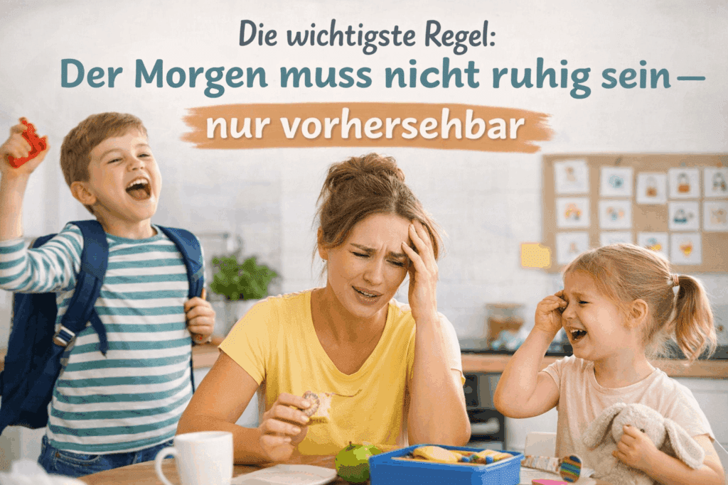 Chaotischer Familienmorgen mit Kindern zeigt warum vorhersehbare Morgenroutinen entlasten