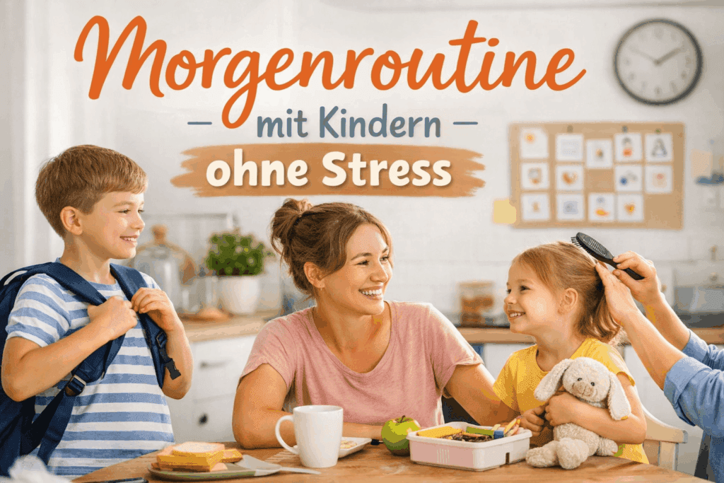 Mutter sitzt mit zwei Kindern am Frühstückstisch und startet mit einer Morgenroutine entspannt in den Tag