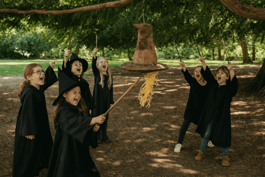 Kinder schlagen gemeinsam eine Pinata beim Finale eines magischen Kindergeburtstags