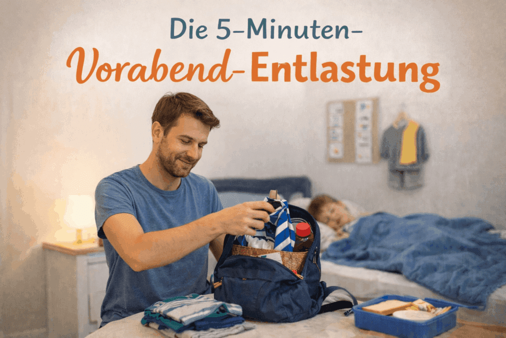 Vater bereitet abends den Schulranzen vor und entlastet den Morgen mit Kindern