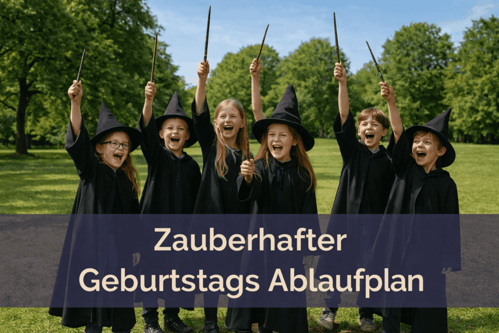 Kinder feiern einen magischen Kindergeburtstag mit Zauberstäben im Park