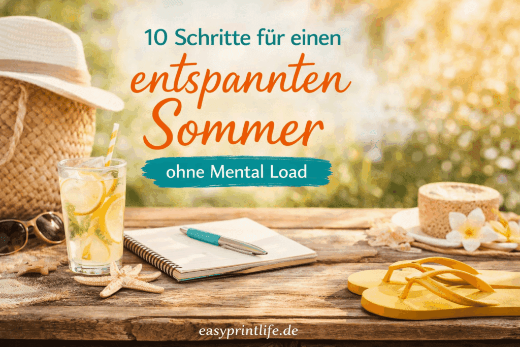 Sommerliche Szene mit Notizbuch, Limonade und Sonnenhut auf Holztisch – Planung für einen entspannten Sommer mit Kindern
