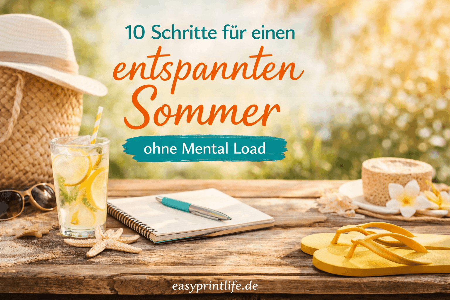 Sommerliche Szene mit Notizbuch, Limonade und Sonnenhut auf Holztisch – Planung für einen entspannten Sommer mit Kindern