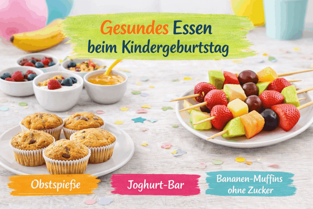 Gesundes Essen beim Kindergeburtstag – Balance ohne Spaßbremse Gesundes Essen beim Kindergeburtstag mit Obstspießen, Joghurt-Bar und Bananen-Muffins