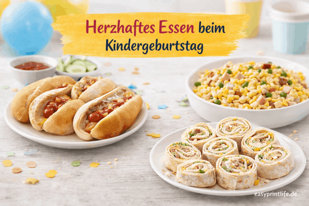 Herzhaftes Essen beim Kindergeburtstag – Einfache Ideen ohne Stress Herzhaftes Essen beim Kindergeburtstag mit Mini-Pizza, Hotdogs, Nudelsalat und Wrap-Schnecken