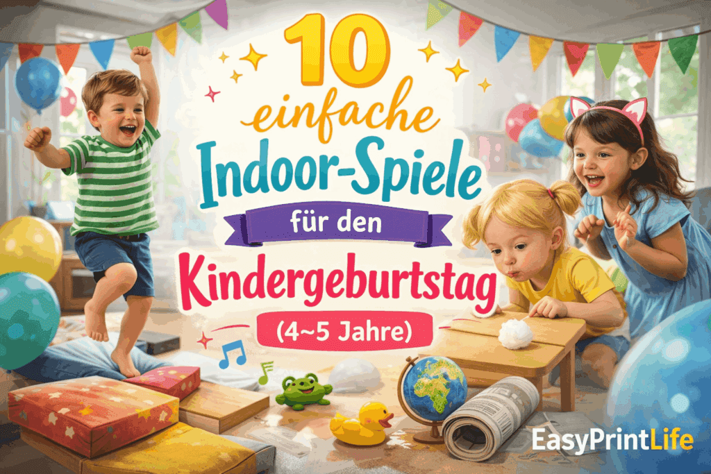 Kinder spielen fröhlich Indoor-Spiele beim Kindergeburtstag im Wohnzimmer