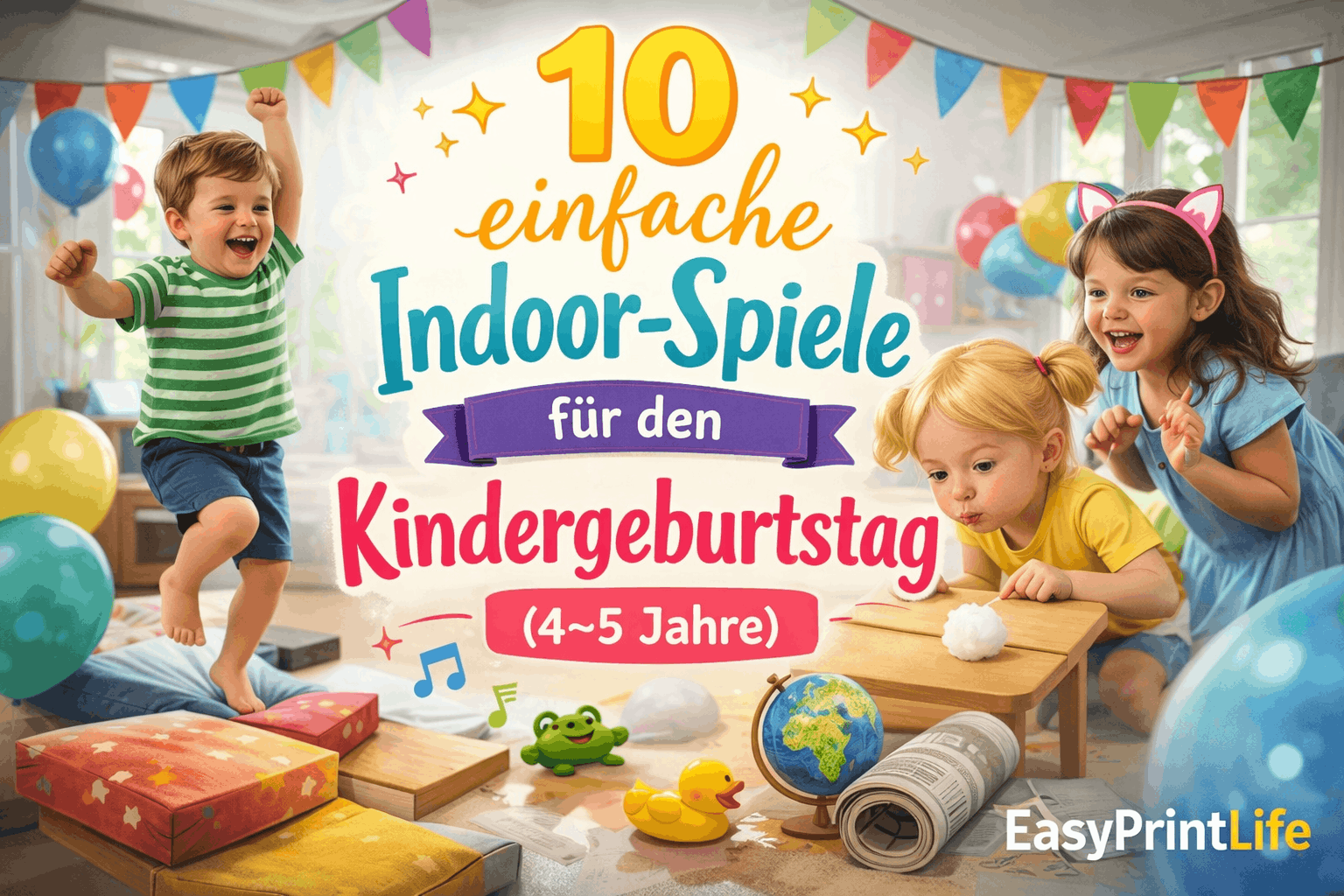 Kinder spielen fröhlich Indoor-Spiele beim Kindergeburtstag im Wohnzimmer