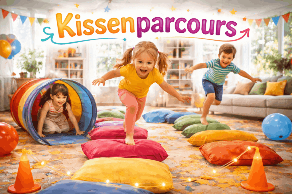 Kinder balancieren über Kissenparcours beim Indoor-Spiel im Wohnzimmer