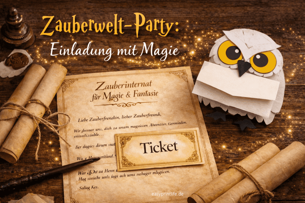 Magische Geburtstagseinladung im Zauberwelt-Stil mit Save-the-Date, Ticket und Eulenpost