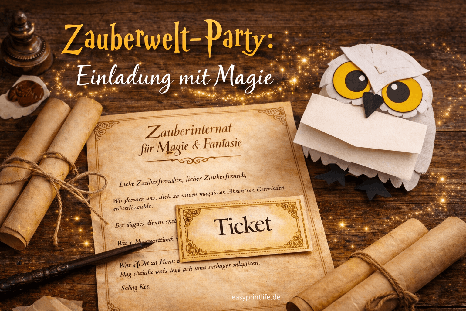 Magische Geburtstagseinladung im Zauberinternat-Stil inkl. Save-the-Date Printable Magische Geburtstagseinladung im Zauberwelt-Stil mit Save-the-Date, Ticket und Eulenpost