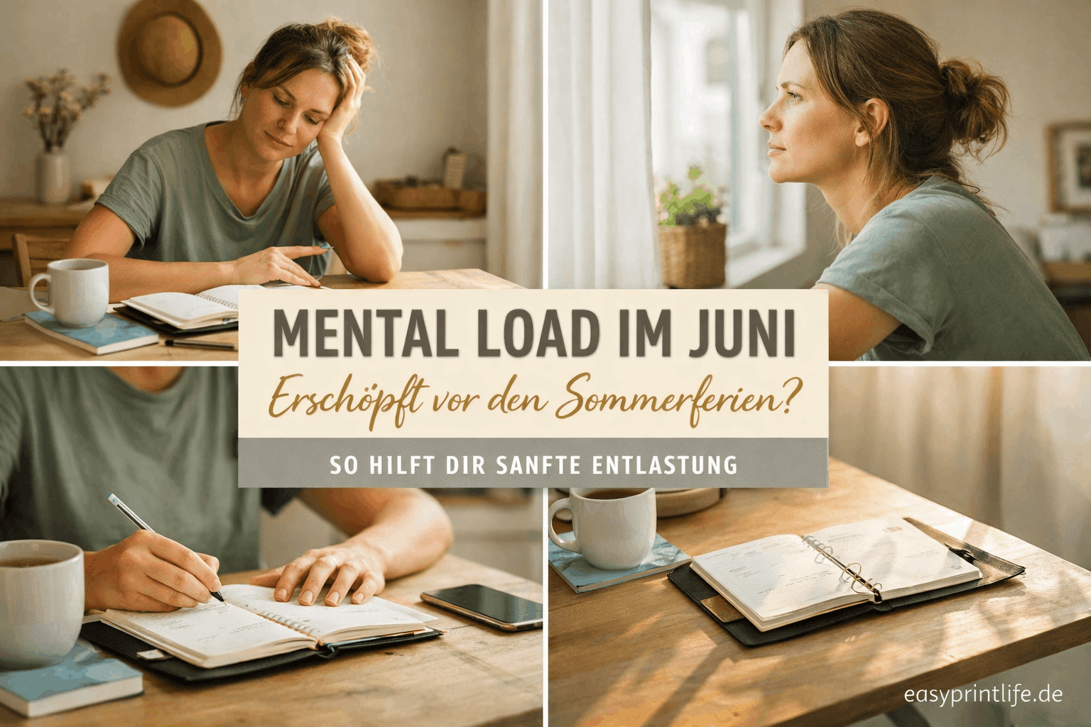 Mental Load im Juni: 10 Wege gegen Erschöpfung Mental Load im Juni: erschöpfte Mutter vor den Sommerferien am Küchentisch