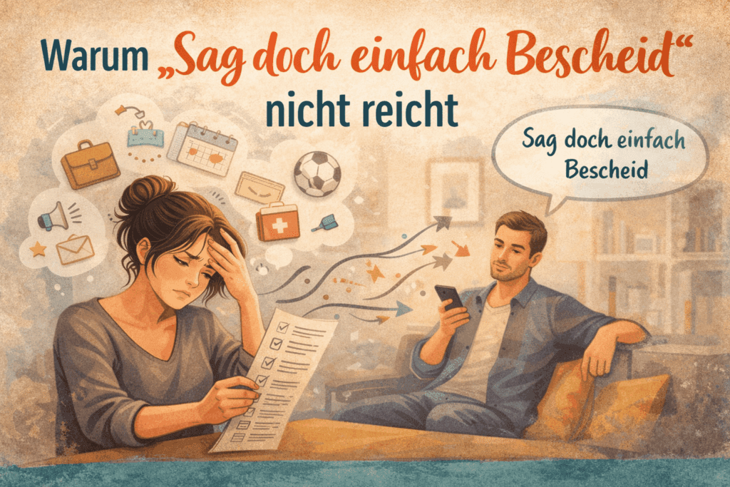 Mutter mit To-do-Liste wirkt erschöpft, während Partner entspannt sagt „Sag doch einfach Bescheid“ – Darstellung von Mental Load und ungleicher Verantwortungsverteilung
