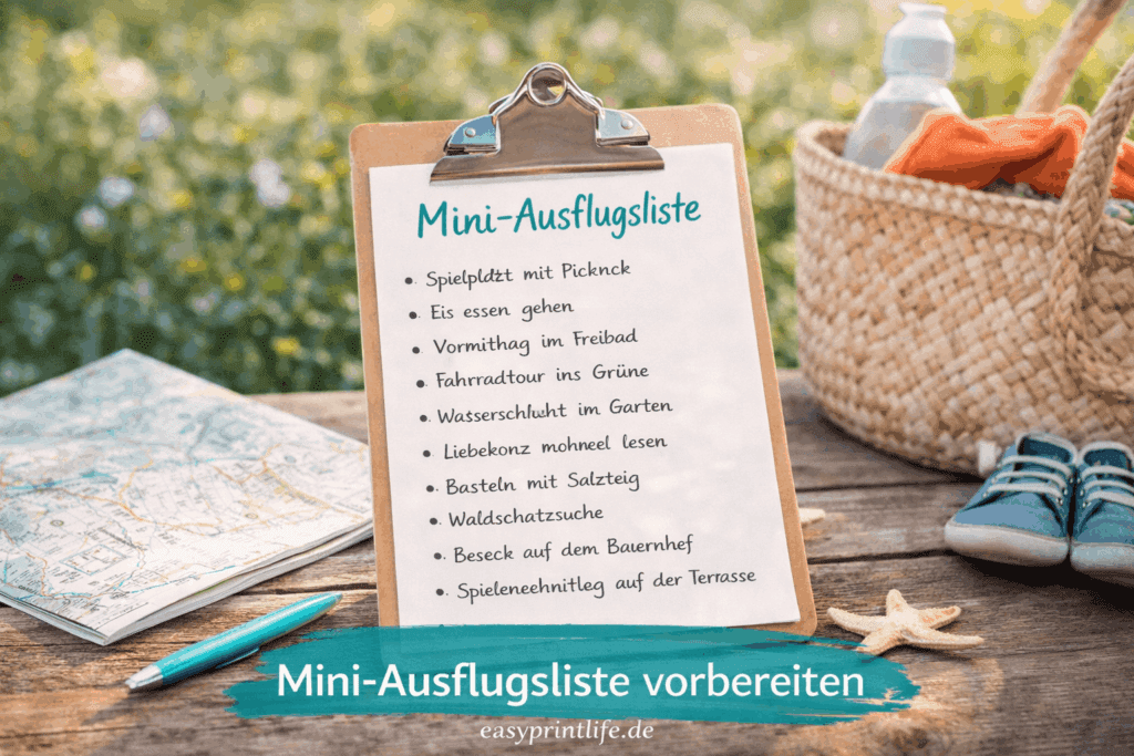 Clipboard mit Mini-Ausflugsliste auf Holztisch neben Picknicktasche und Karte – Sommerideen für Familien