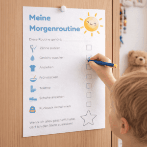 Kind hakt seine Morgenroutine auf einer Checkliste ab – einfache Morgenroutine für Kinder zum Ausdrucken