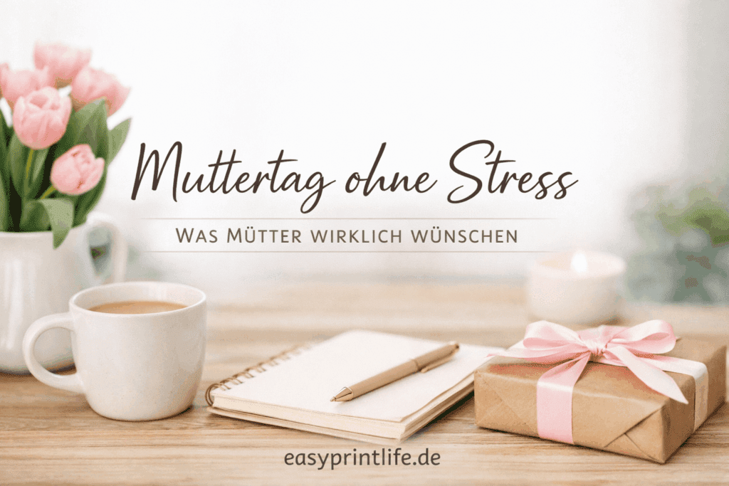 Muttertag ohne Stress – Blumen, Kaffee und Geschenk auf Holztisch mit Textoverlay Was Mütter wirklich wünschen