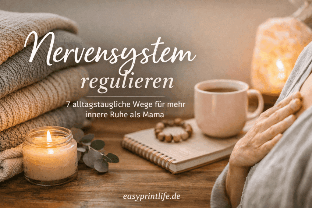 Frau entspannt mit Kerze und Tee – Nervensystem regulieren mit 7 alltagstauglichen Wegen für mehr innere Ruhe als Mama