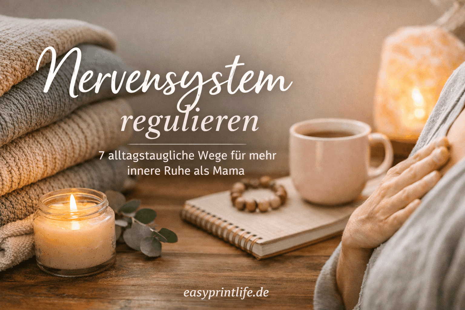 Frau entspannt mit Kerze und Tee – Nervensystem regulieren mit 7 alltagstauglichen Wegen für mehr innere Ruhe als Mama