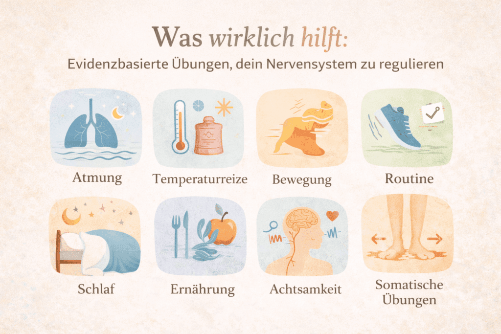 Übersicht mit 7 evidenzbasierten Methoden zum Nervensystem regulieren: Atmung, Bewegung, Schlaf, Ernährung, Achtsamkeit und somatische Übungen