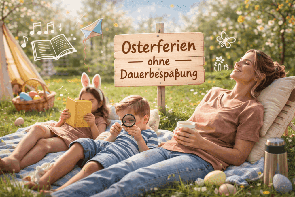 Entspannte Mutter mit Kindern im Garten während der Osterferien – Ferien ohne Dauerbespaßung