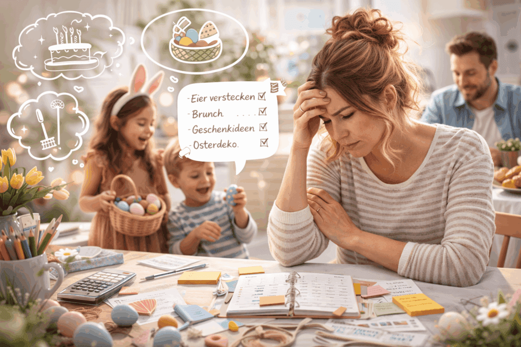 Überforderte Mutter plant Ostern am Tisch während Kinder spielen – Mental Load an Feiertagen sichtbar gemacht