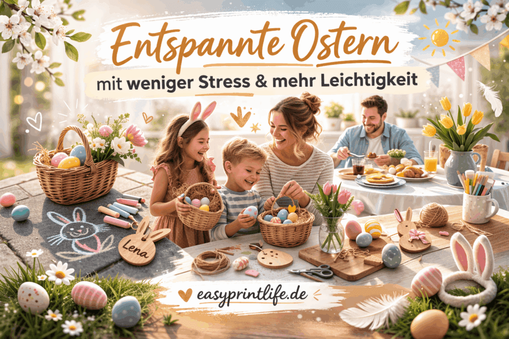 Familie plant entspannt Ostern mit Kindern am gedeckten Tisch mit Osterdeko und Ostereiersuche