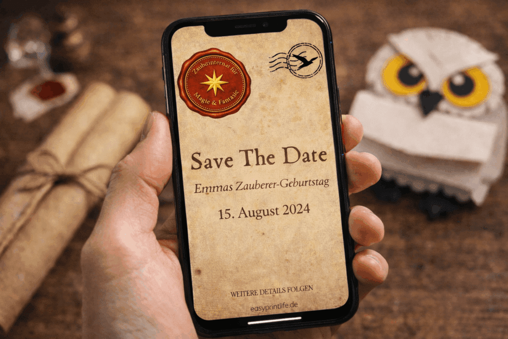 Save the Date für einen magischen Kindergeburtstag auf einem Smartphone mit Einladung im Zauberwelt-Stil
