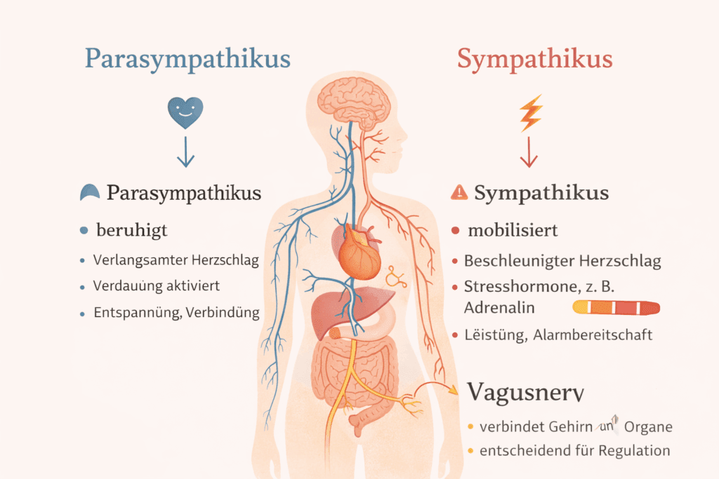 Grafische Darstellung von Sympathikus, Parasympathikus und Vagusnerv im menschlichen Körper zur Erklärung der Nervensystem-Regulation