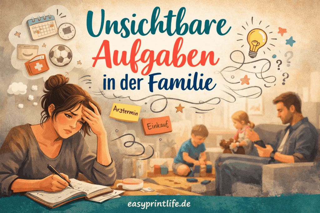 Erschöpfte Mutter sitzt abends in ruhiger Wohnung und denkt über zahlreiche unsichtbare Aufgaben im Familienalltag nach – Symbolbild für Mental Load