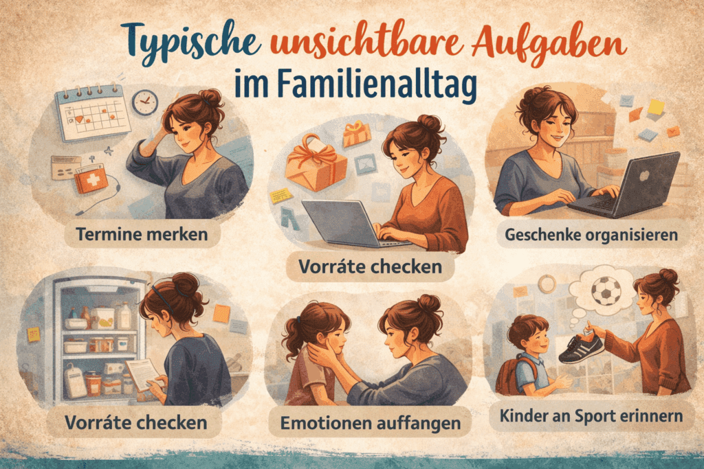 Illustration einer Mutter, die typische unsichtbare Aufgaben im Familienalltag übernimmt, wie Termine merken, Vorräte prüfen und emotionale Unterstützung leisten – Symbol für Mental Load
