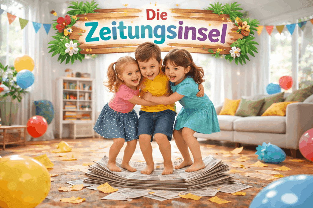 Kinder stehen gemeinsam auf Zeitungen beim Kooperationsspiel Zeitungsinsel