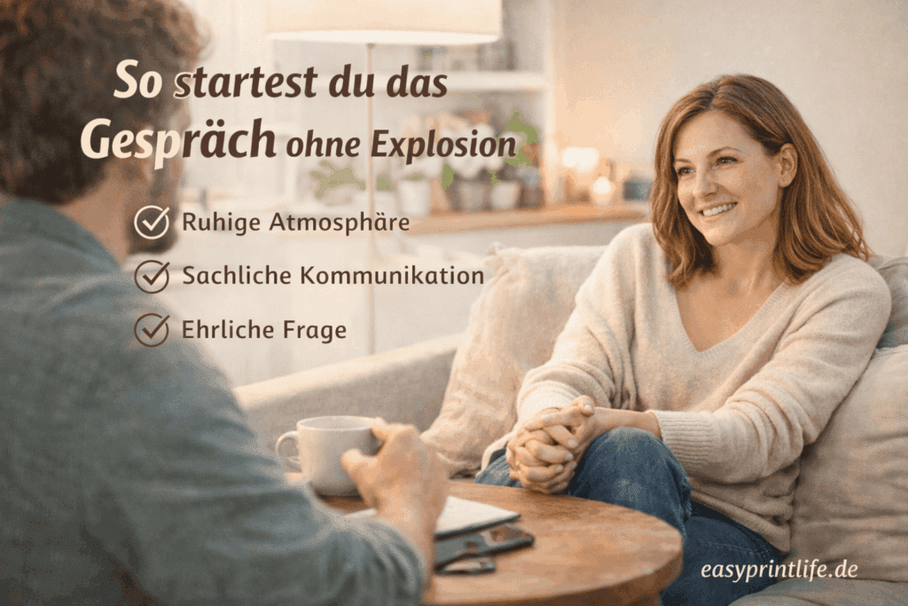 Paar im Gespräch, Mann reagiert defensiv, Frau bleibt ruhig bei Diskussion über Mental Load