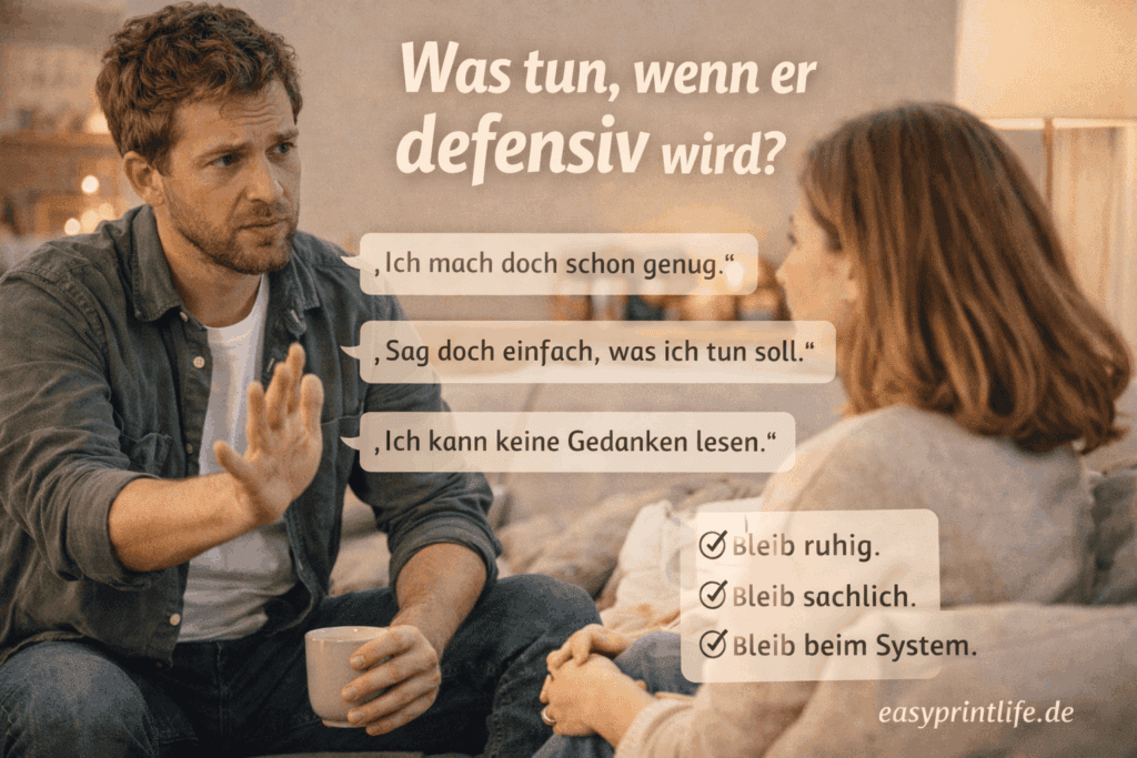 Paar im Gespräch, Mann reagiert defensiv, Frau bleibt ruhig bei Diskussion über Mental Load